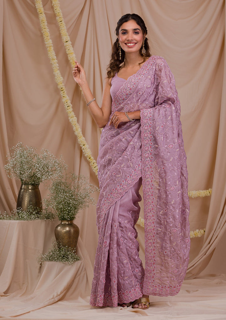 Mauve Stonework Net Saree-Koskii