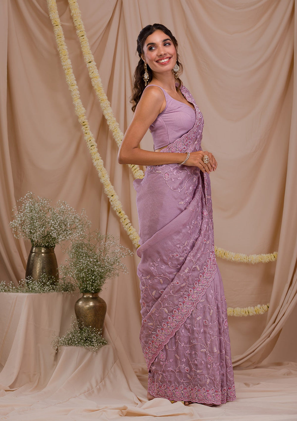 Mauve Stonework Net Saree-Koskii