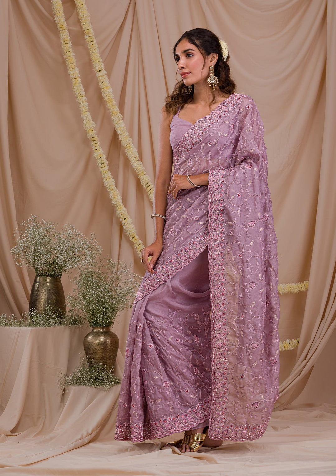 Mauve Stonework Net Saree-Koskii