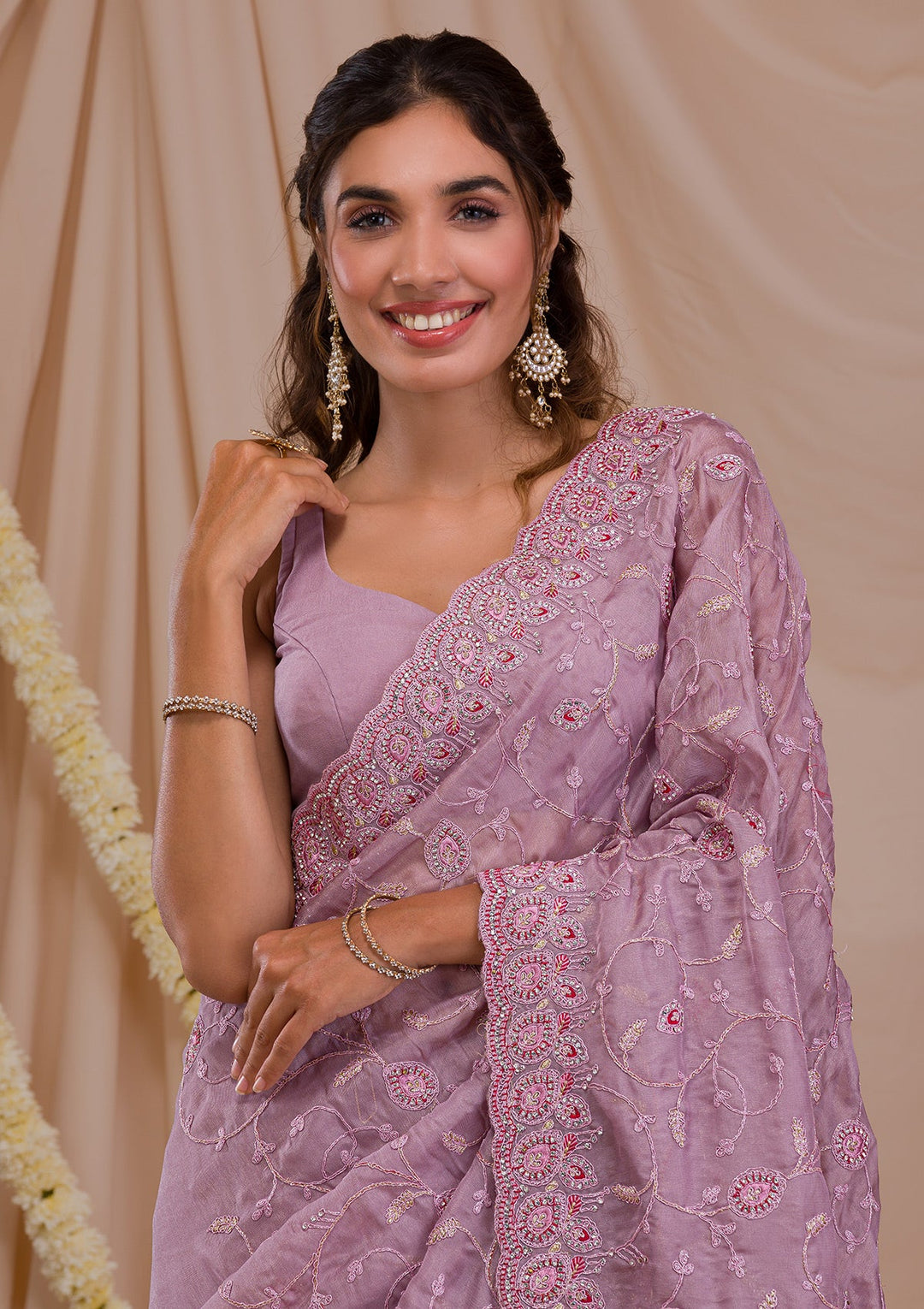 Mauve Stonework Net Saree-Koskii