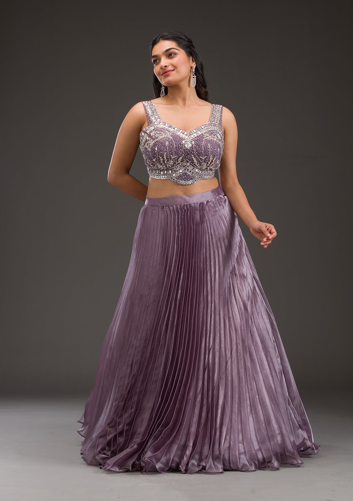 Mauve Stonework Satin Readymade Lehenga