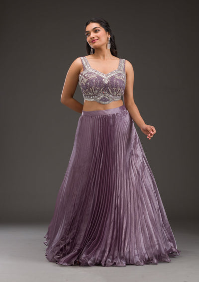 Mauve Stonework Satin Readymade Lehenga