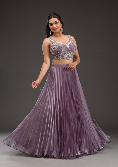 Mauve Stonework Satin Readymade Lehenga