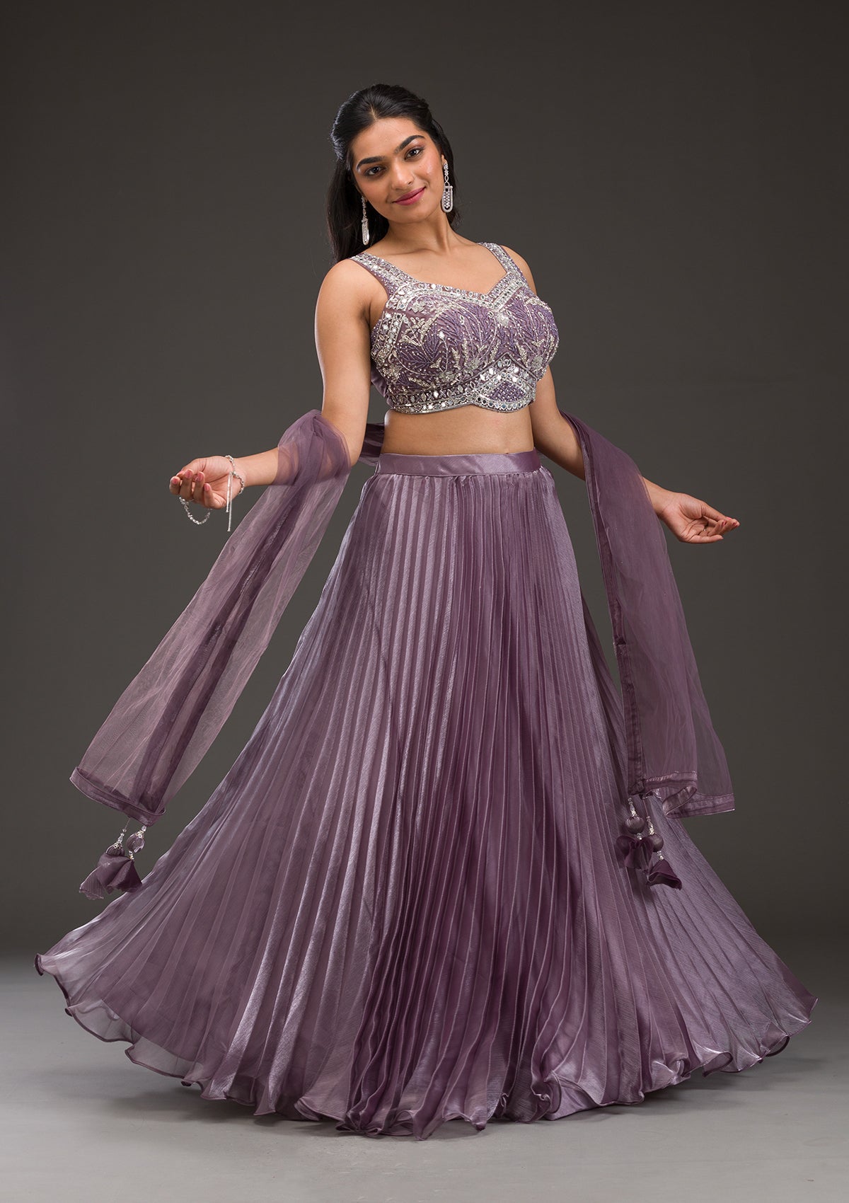 Mauve Stonework Satin Readymade Lehenga-Koskii