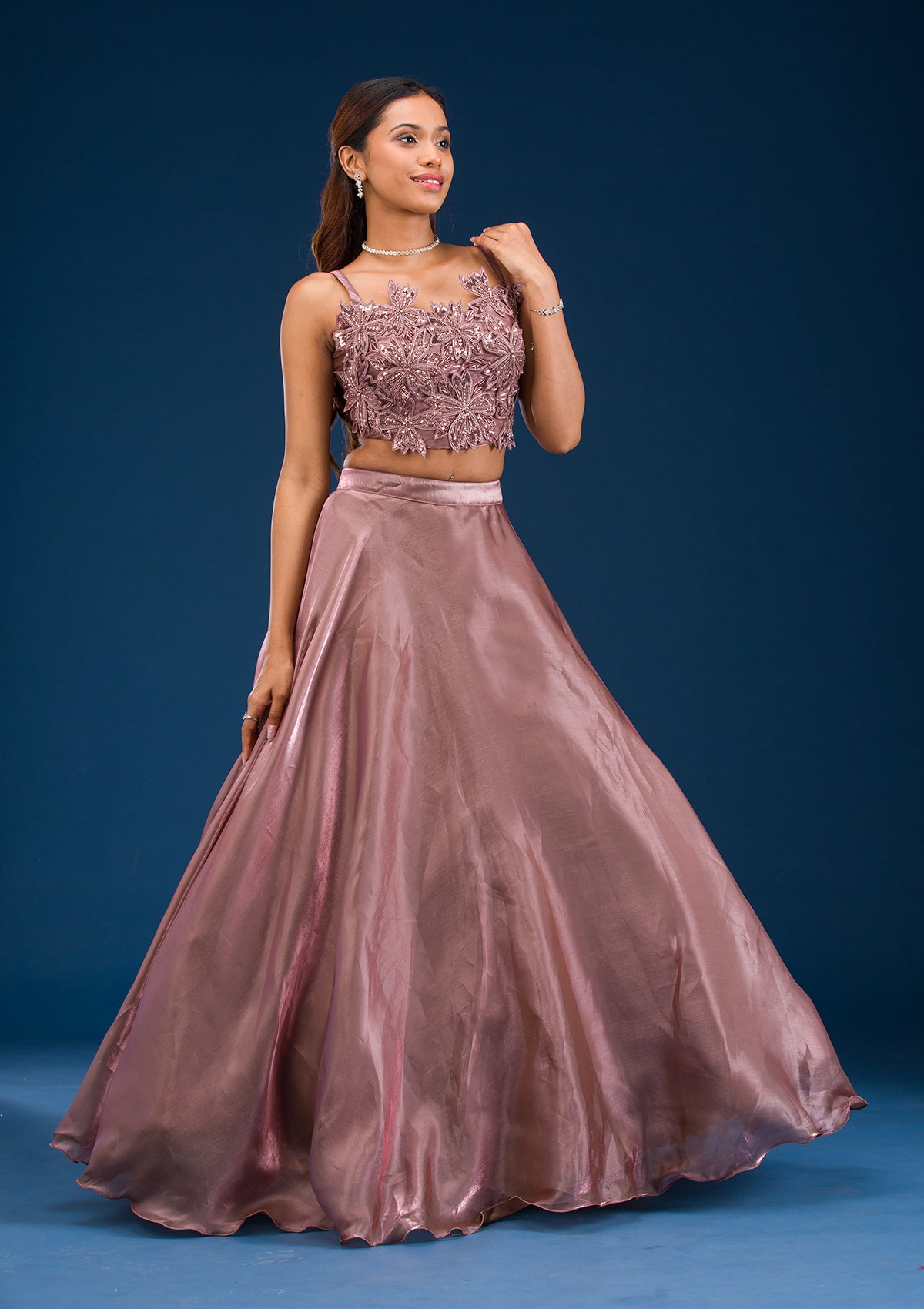 Mauve Stonework Tissue Readymade Lehenga