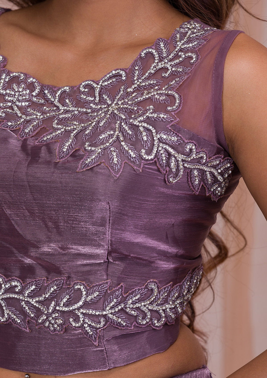 Mauve Stonework Tissue Readymade Lehenga-Koskii
