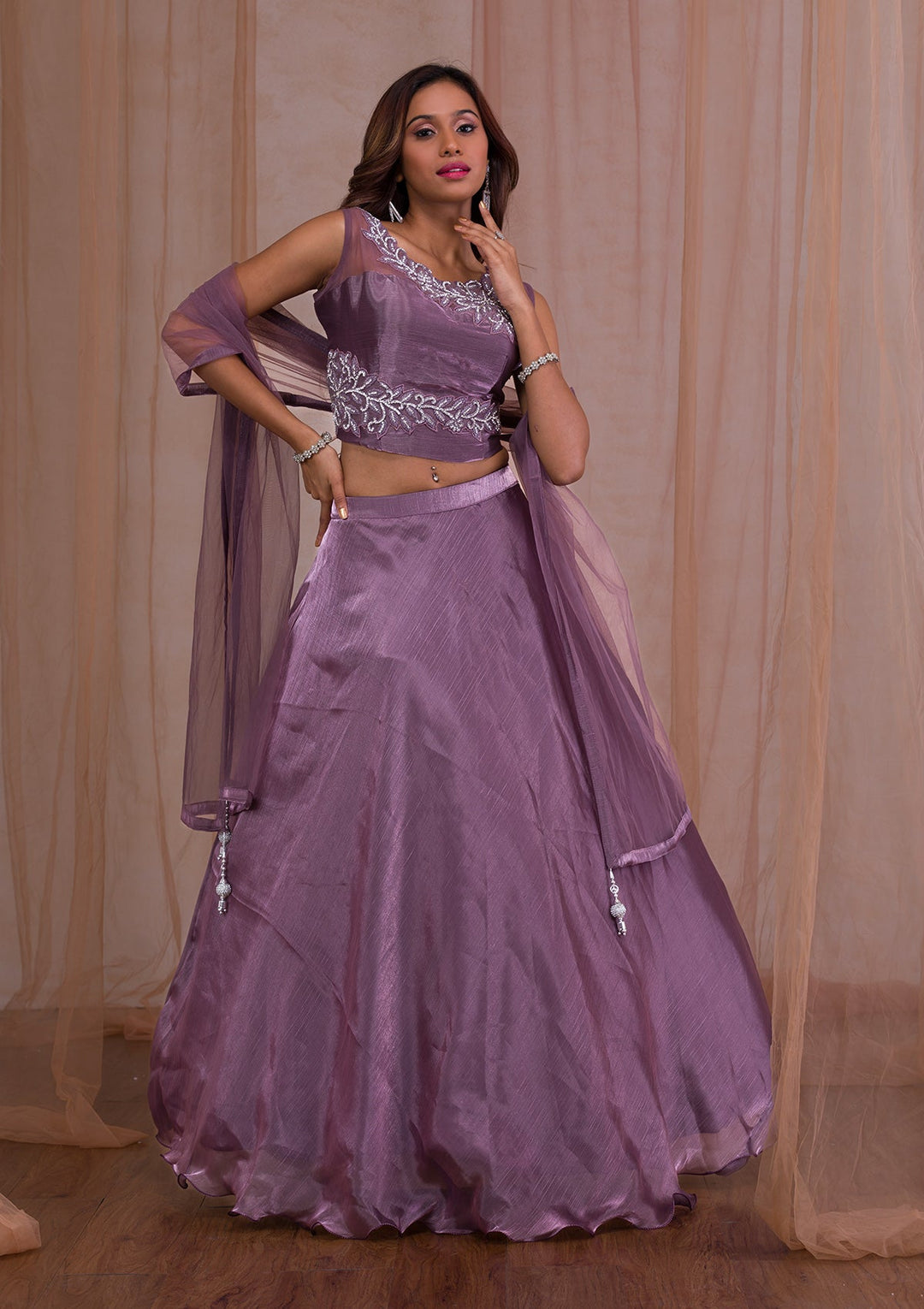 Mauve Stonework Tissue Readymade Lehenga-Koskii