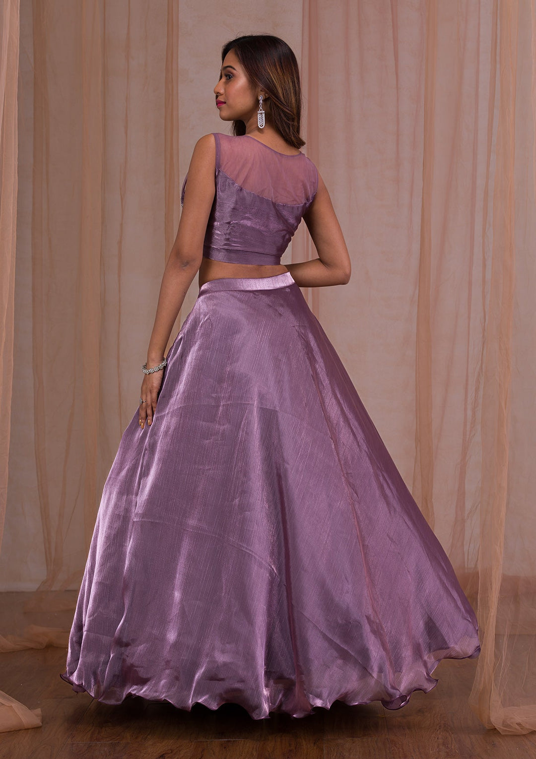 Mauve Stonework Tissue Readymade Lehenga-Koskii