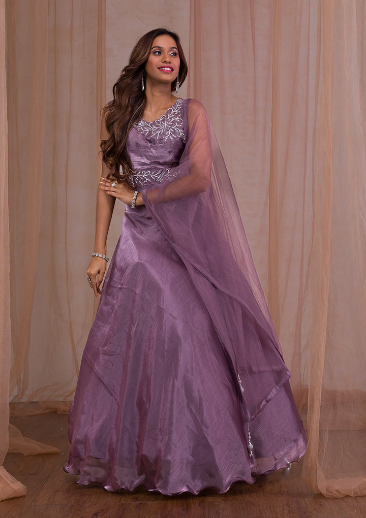 Mauve Stonework Tissue Readymade Lehenga-Koskii