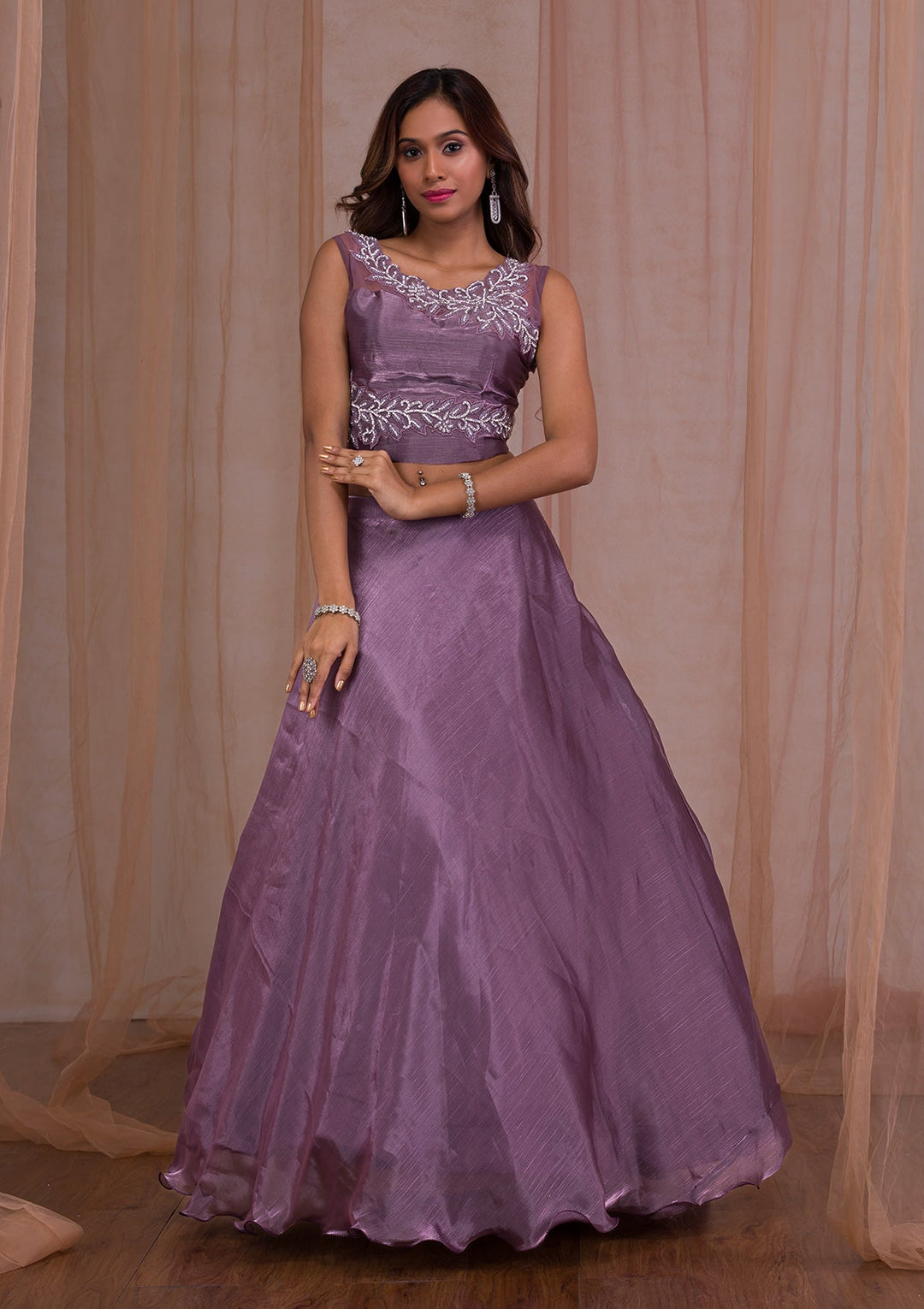 Mauve Stonework Tissue Readymade Lehenga-Koskii
