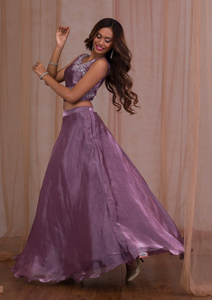 Mauve Stonework Tissue Readymade Lehenga-Koskii