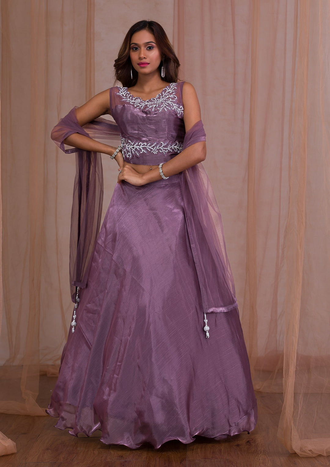 Mauve Stonework Tissue Readymade Lehenga-Koskii