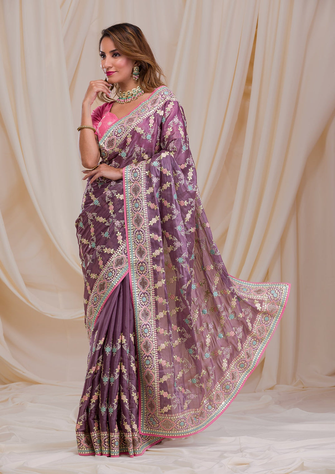 Mauve Swarovski Chiffon Saree-Koskii