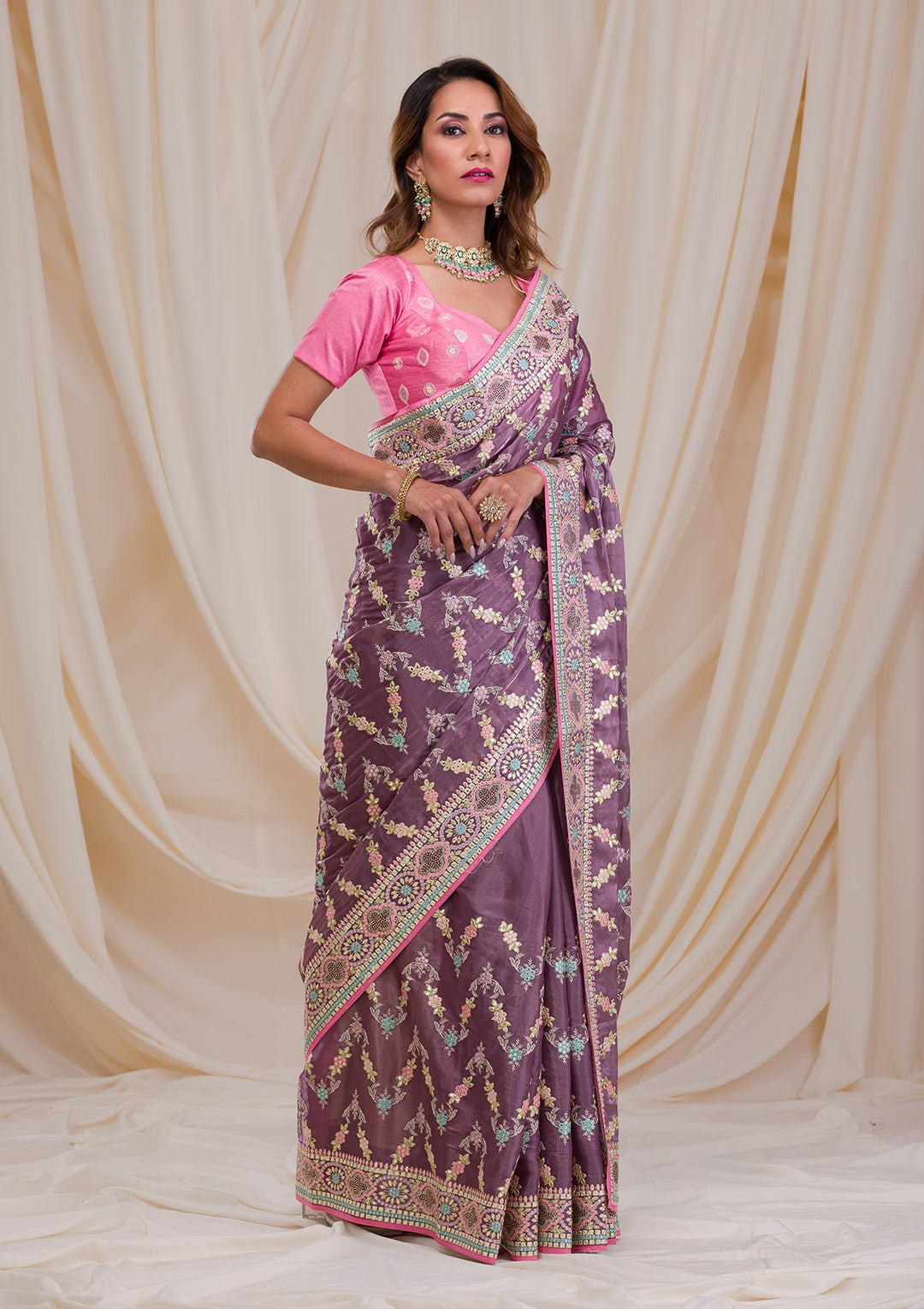 Mauve Swarovski Chiffon Saree-Koskii