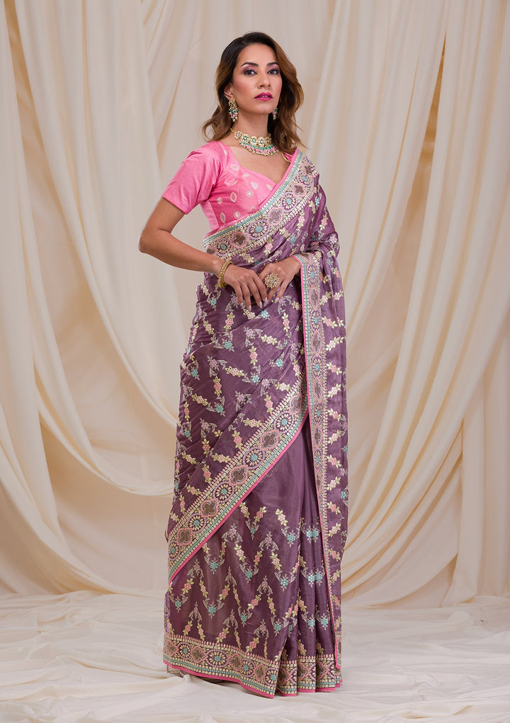 Mauve Swarovski Chiffon Saree-Koskii