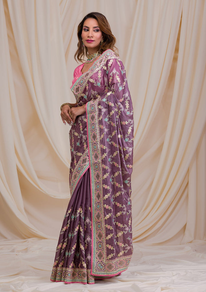 Mauve Swarovski Chiffon Saree-Koskii