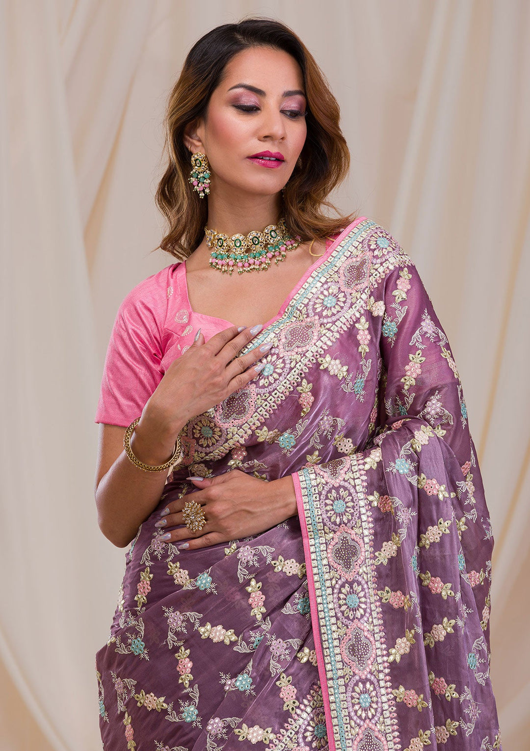 Mauve Swarovski Chiffon Saree-Koskii