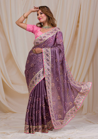 Mauve Swarovski Chiffon Saree-Koskii