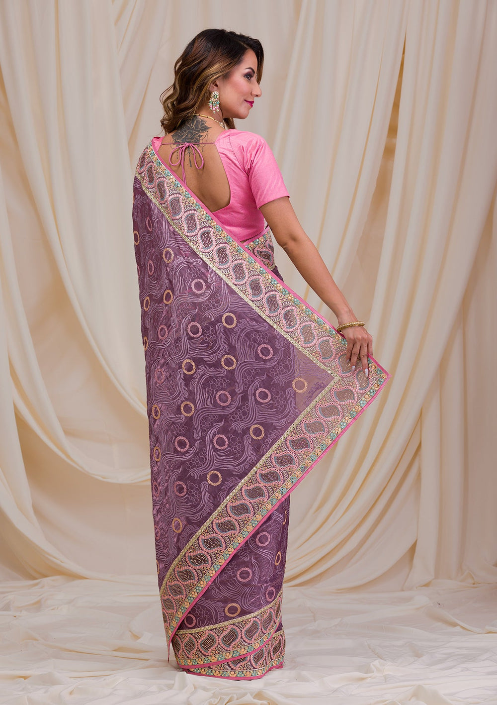 Mauve Swarovski Chiffon Saree-Koskii