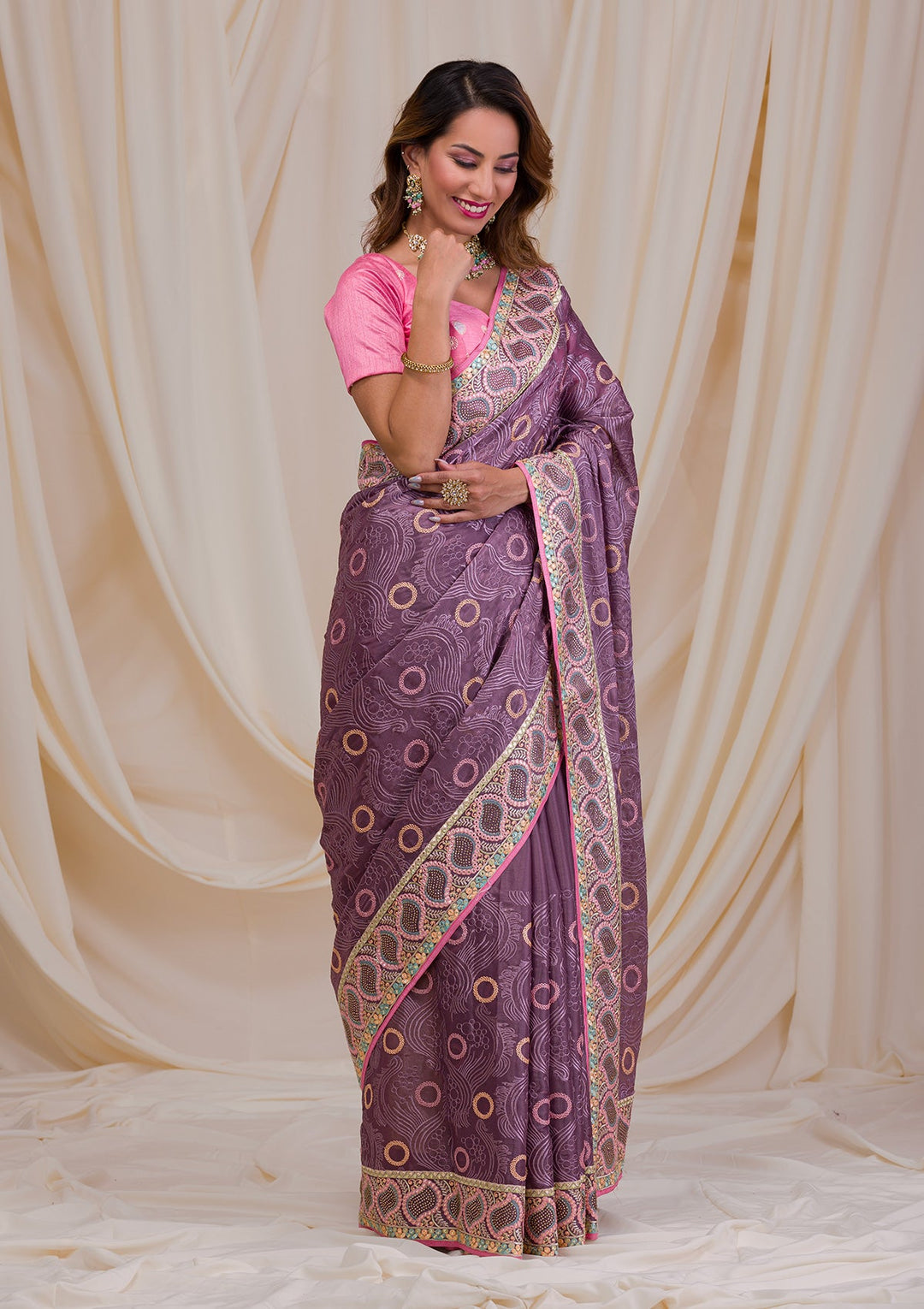 Mauve Swarovski Chiffon Saree-Koskii