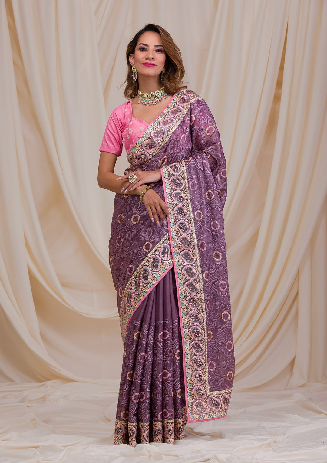 Mauve Swarovski Chiffon Saree-Koskii