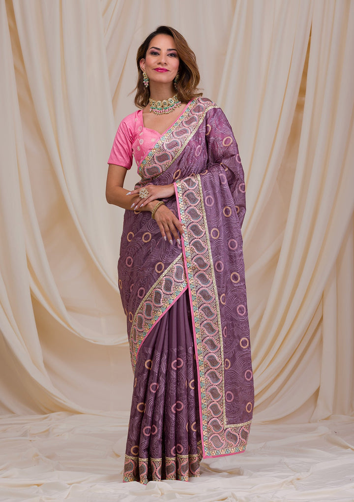 Mauve Swarovski Chiffon Saree-Koskii