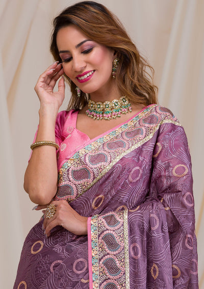 Mauve Swarovski Chiffon Saree-Koskii