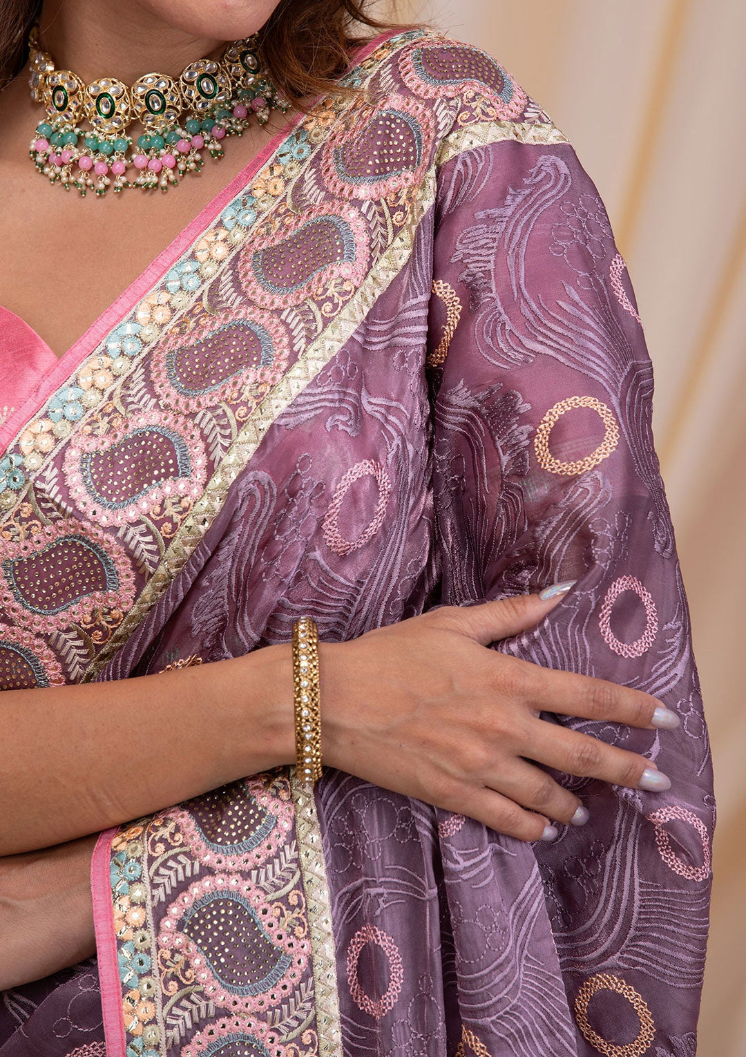Mauve Swarovski Chiffon Saree-Koskii