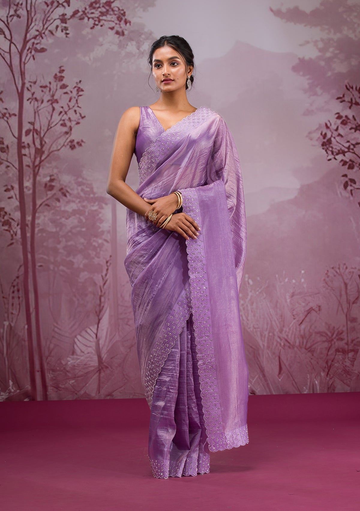 Mauve Swarovski Tissue Saree-Koskii