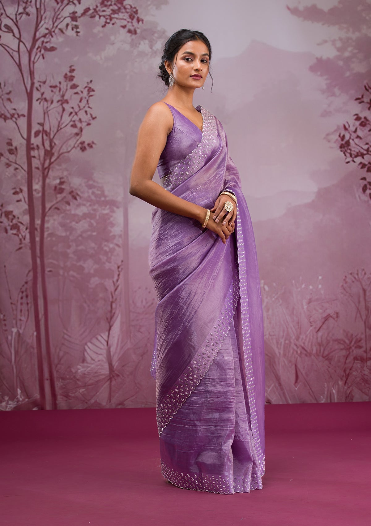 Mauve Swarovski Tissue Saree-Koskii