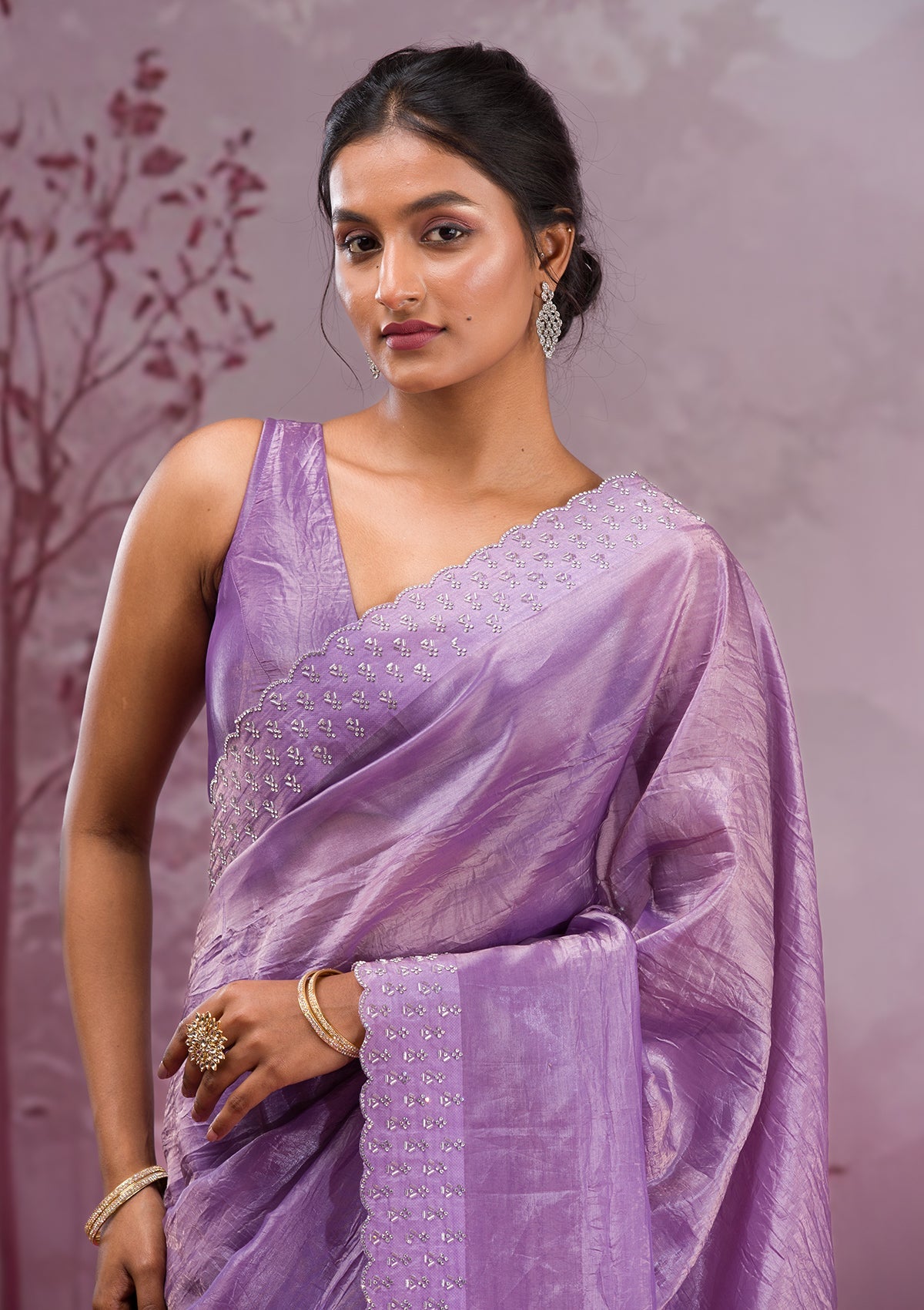 Mauve Swarovski Tissue Saree-Koskii