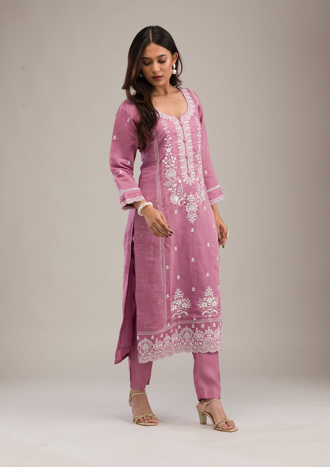 Mauve Threadwork Cotton Readymade Salwar Suit-Koskii