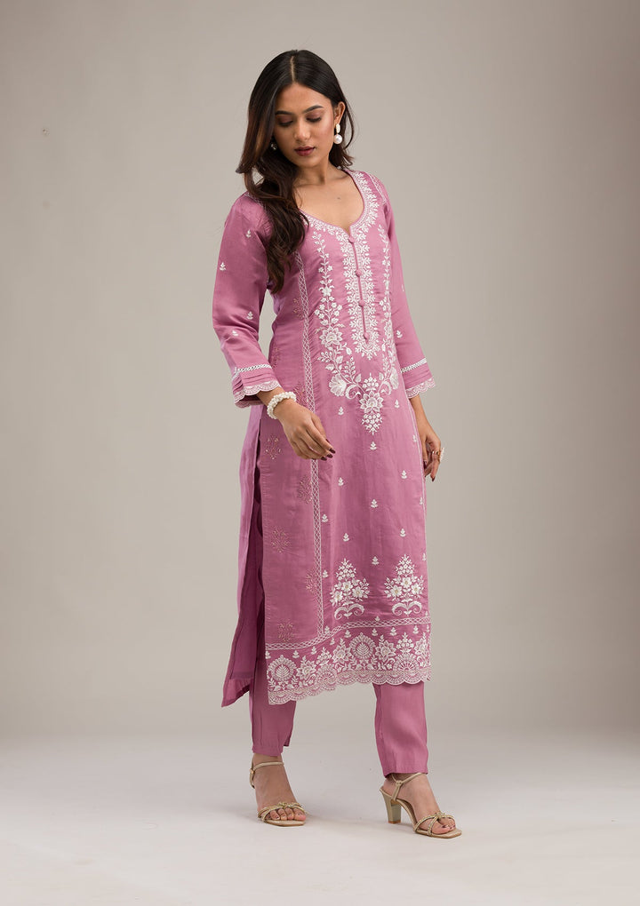 Mauve Threadwork Cotton Readymade Salwar Suit-Koskii