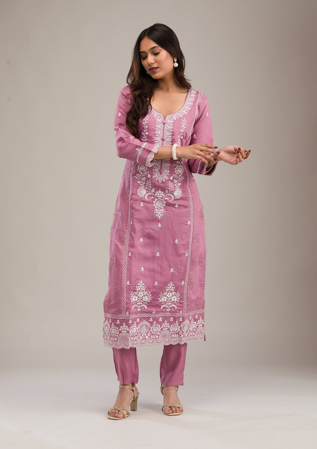Mauve Threadwork Cotton Readymade Salwar Suit-Koskii