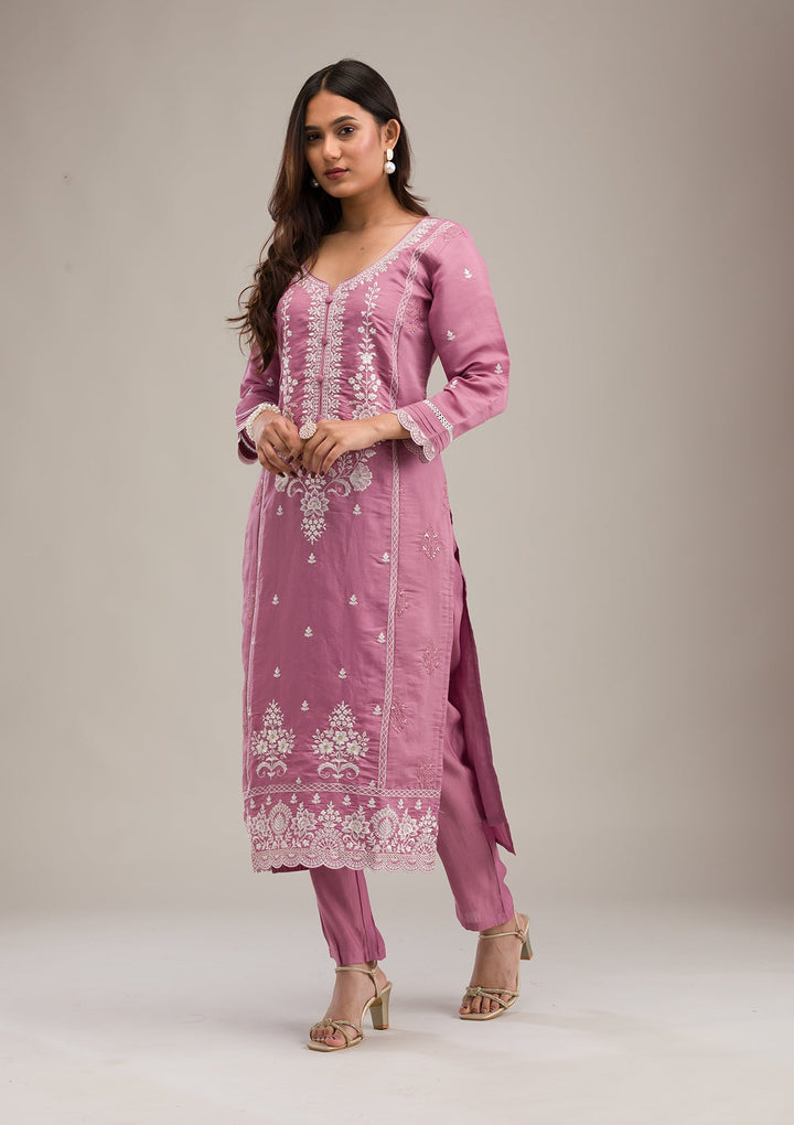 Mauve Threadwork Cotton Readymade Salwar Suit-Koskii