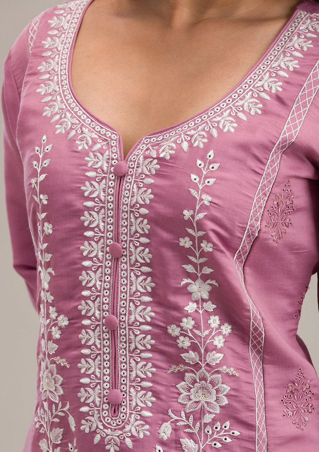 Mauve Threadwork Cotton Readymade Salwar Suit-Koskii