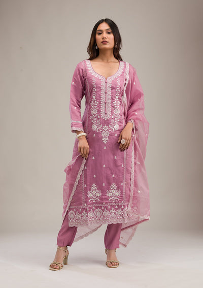 Mauve Threadwork Cotton Readymade Salwar Suit-Koskii