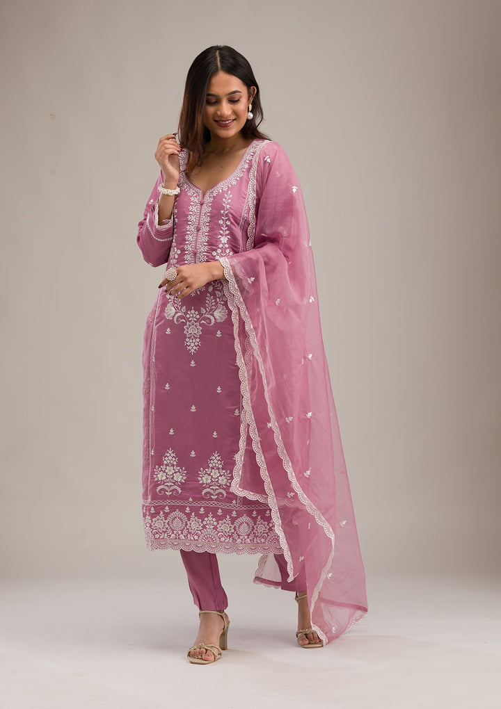 Mauve Threadwork Cotton Readymade Salwar Suit-Koskii