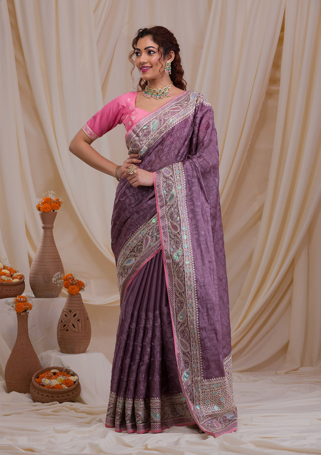 Mauve Threadwork Georgette Saree-Koskii