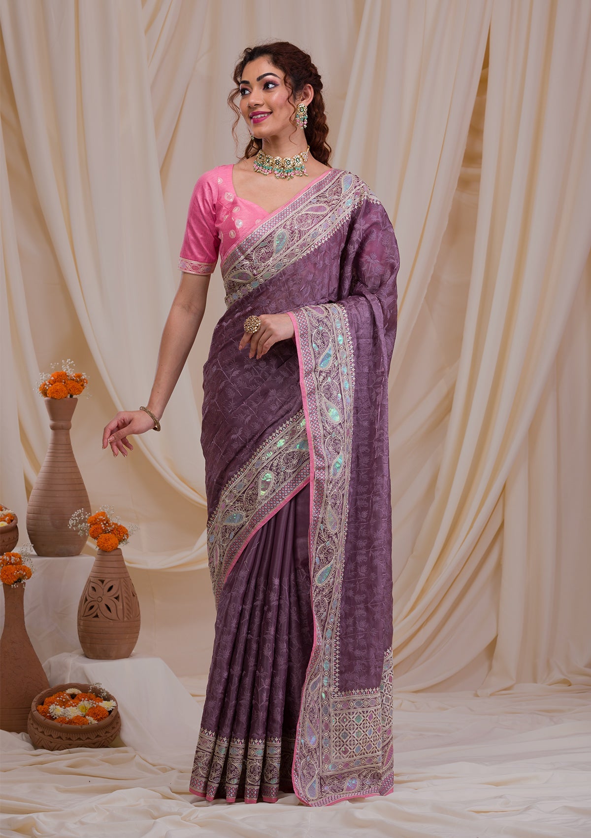 Mauve Threadwork Georgette Saree-Koskii