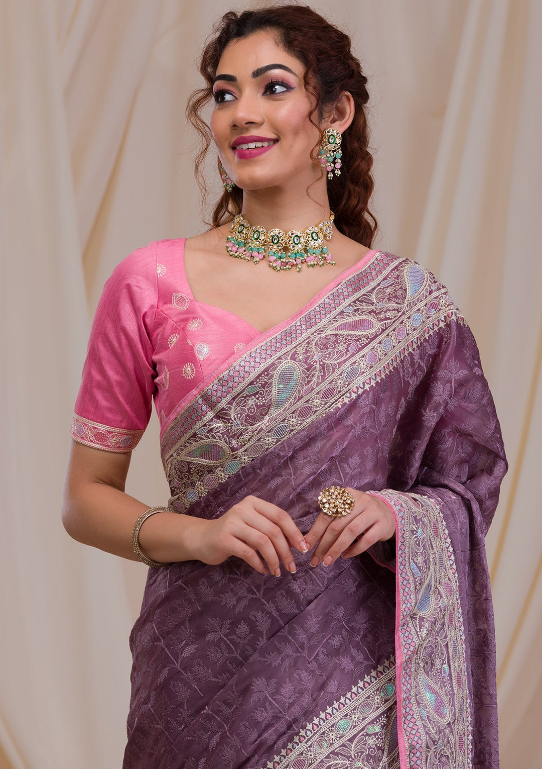 Mauve Threadwork Georgette Saree-Koskii