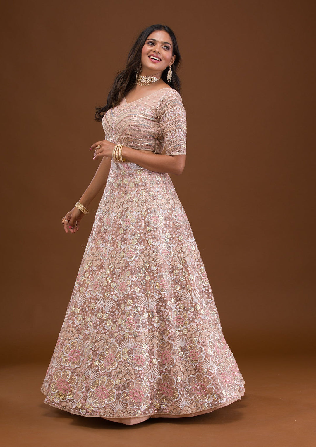 Mauve Threadwork Net Readymade Lehenga-Koskii