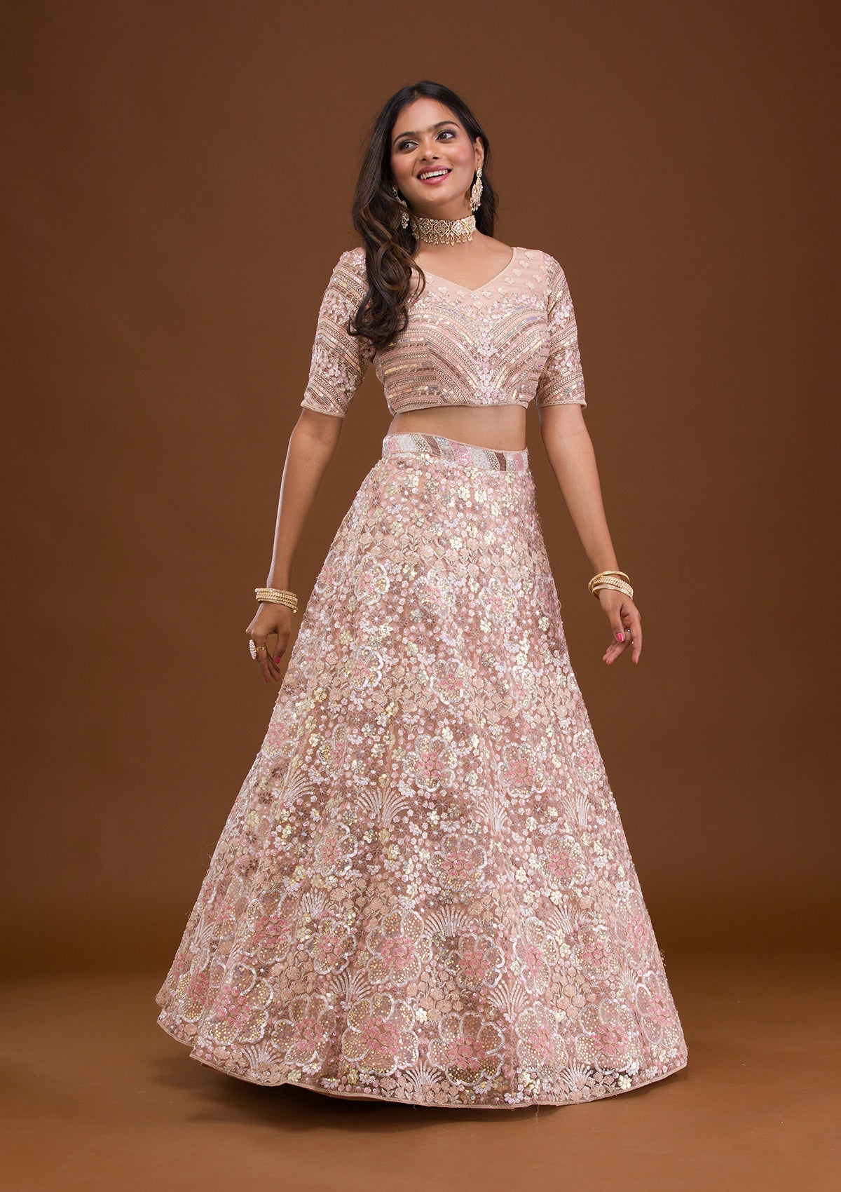 Mauve Threadwork Net Readymade Lehenga-Koskii