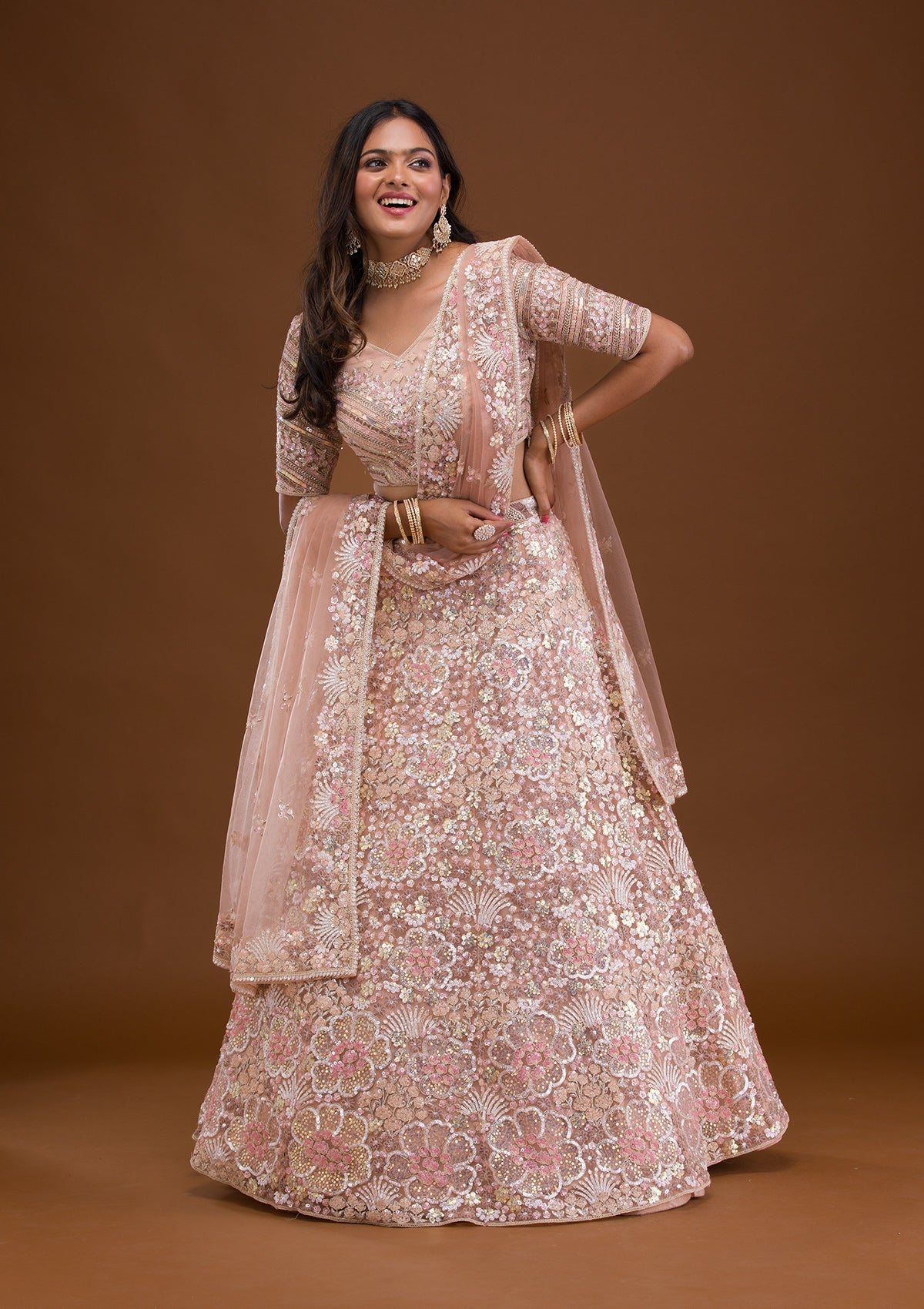 Mauve Threadwork Net Readymade Lehenga-Koskii