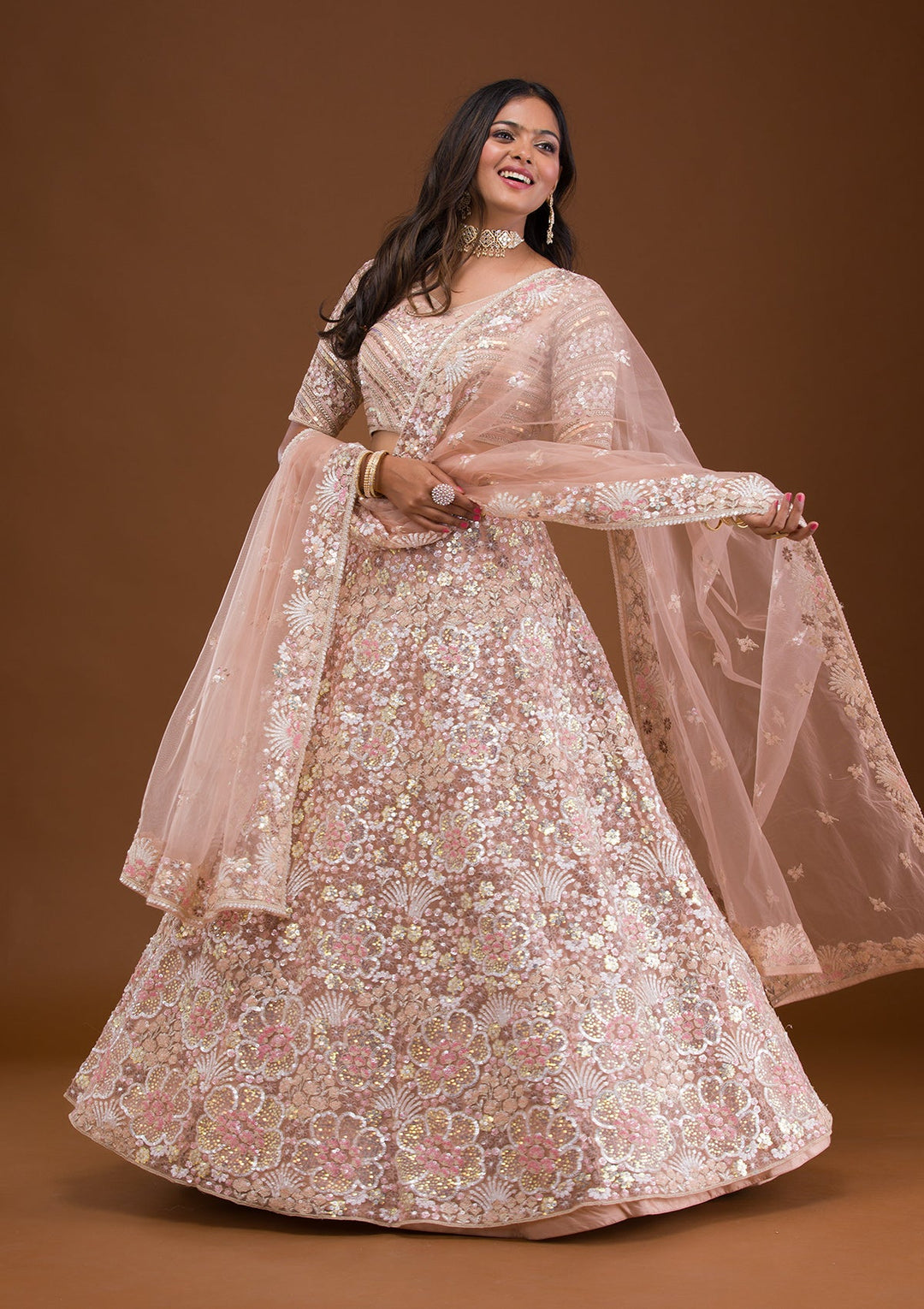 Mauve Threadwork Net Readymade Lehenga-Koskii