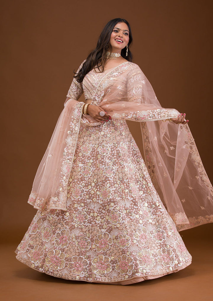 Mauve Threadwork Net Readymade Lehenga-Koskii