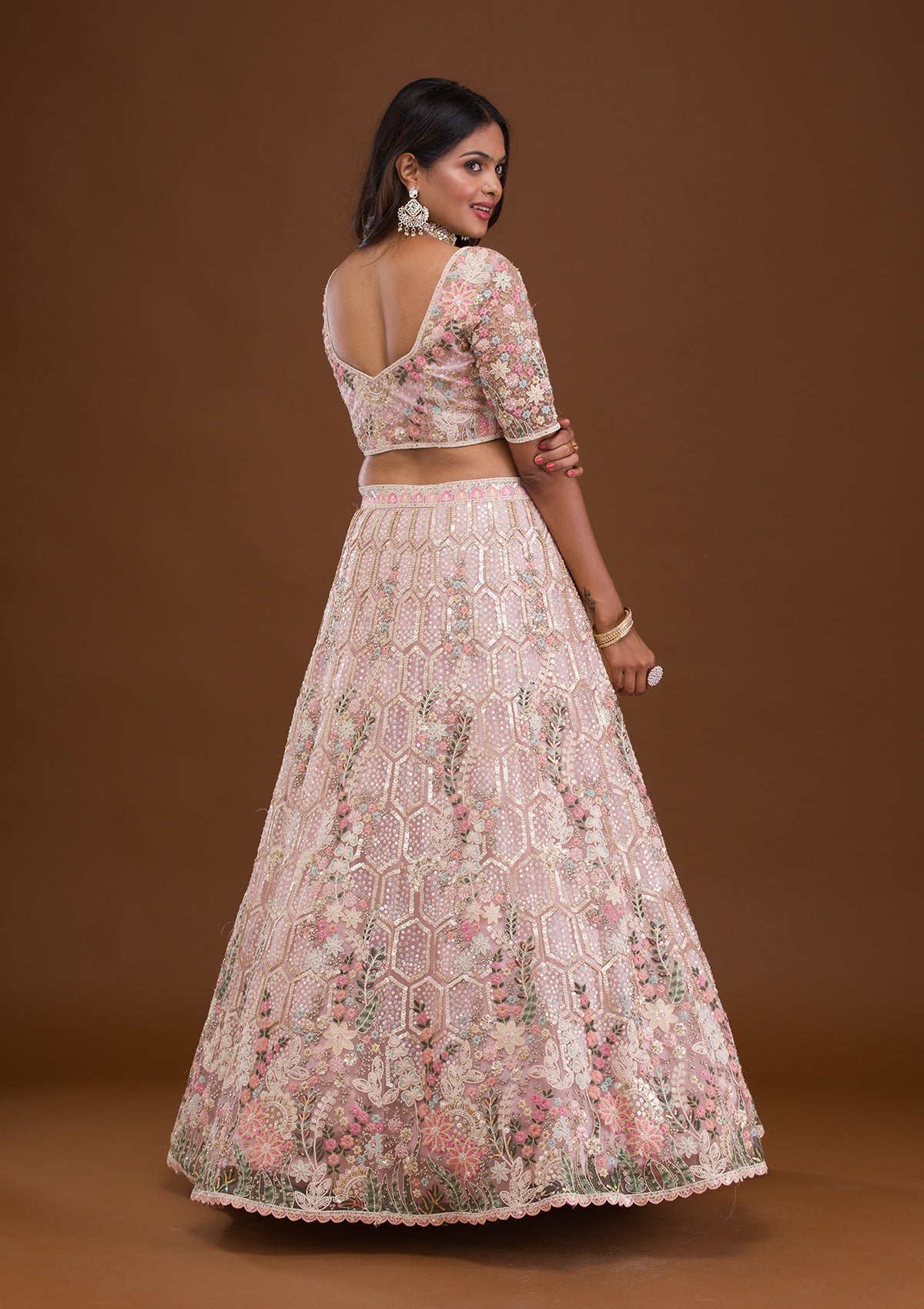 Mauve Threadwork Net Readymade Lehenga-Koskii