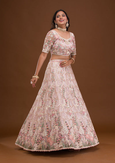 Mauve Threadwork Net Readymade Lehenga-Koskii