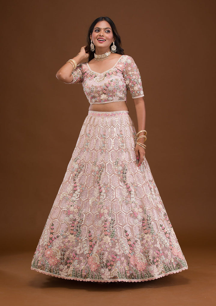 Mauve Threadwork Net Readymade Lehenga-Koskii