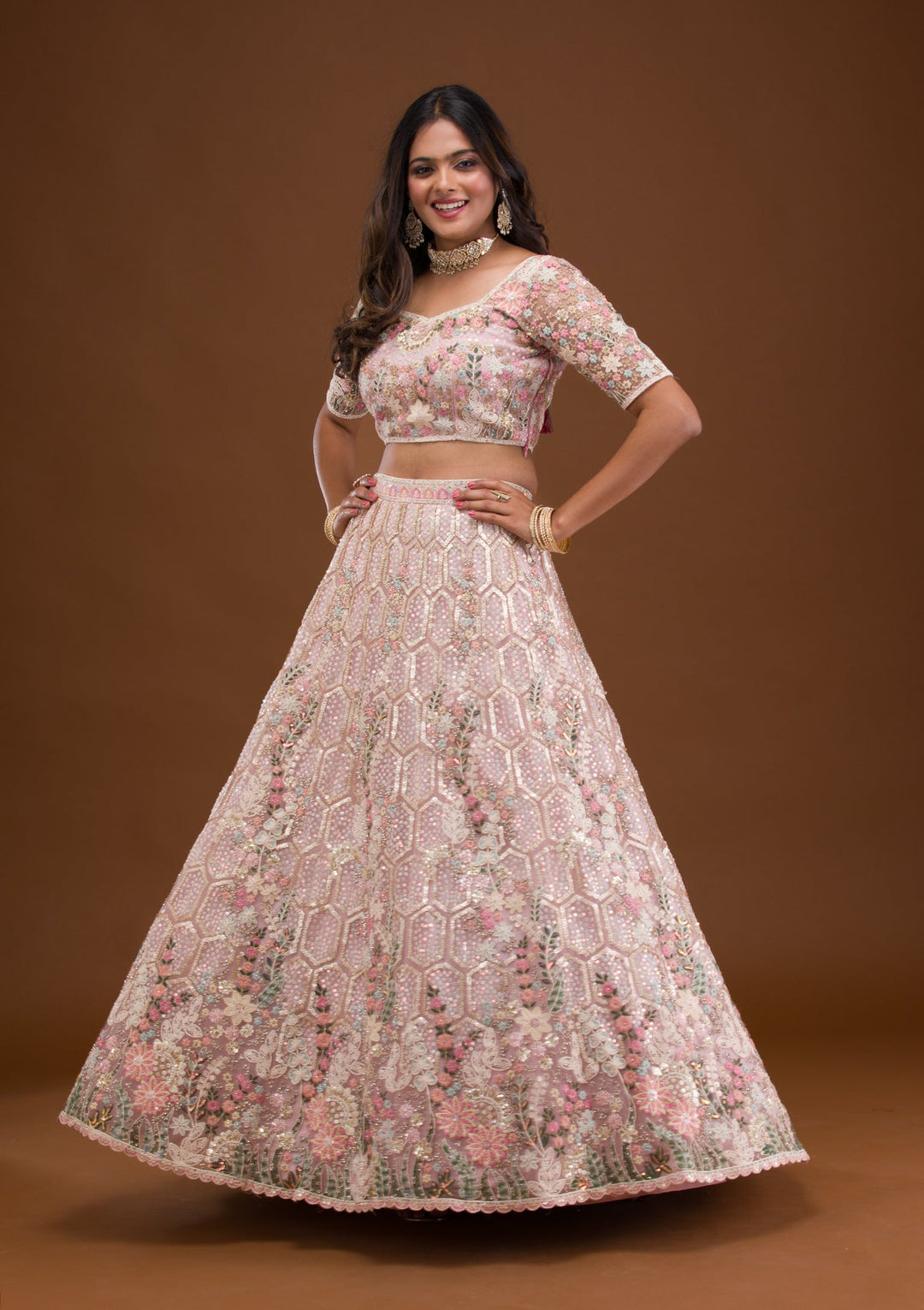 Mauve Threadwork Net Readymade Lehenga-Koskii